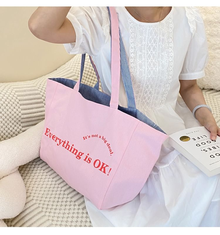 Lettering Print Canvas Tote Bag