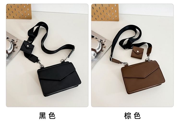 Set: Faux Leather Plain Flap Crossbody Bag + Coin Purse