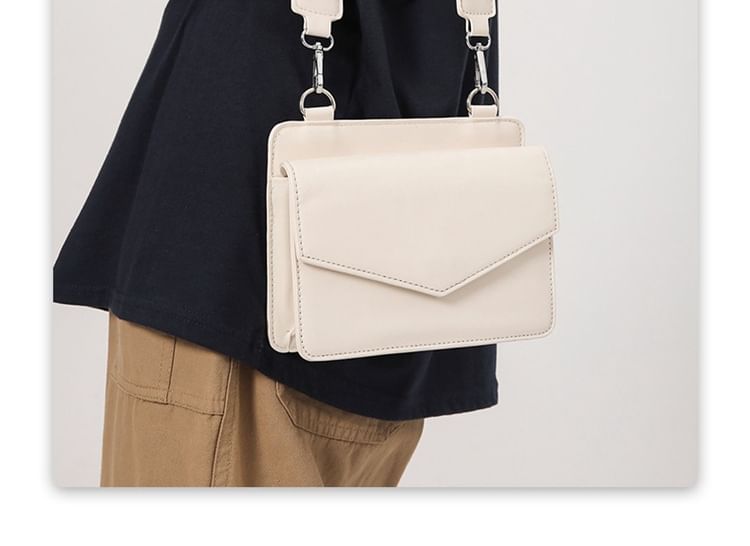 Set: Faux Leather Plain Flap Crossbody Bag + Coin Purse