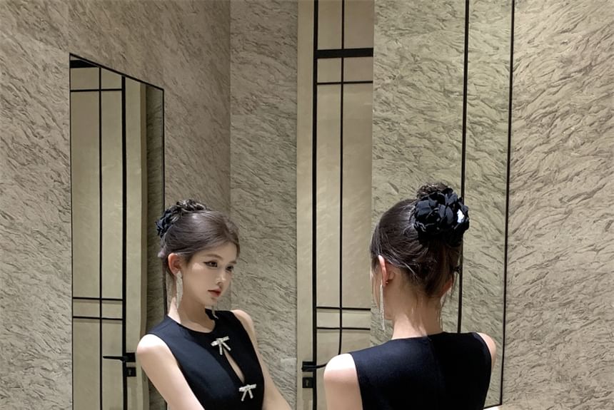 Plain Cutout Bow Mini Dress Neck Round A-Line Sleeveless Rhinestone