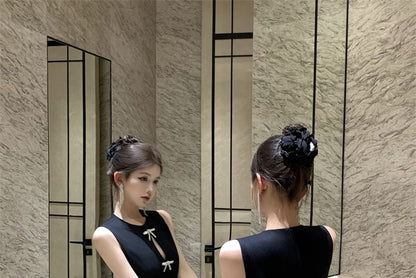 Plain Cutout Bow Mini Dress Neck Round A-Line Sleeveless Rhinestone