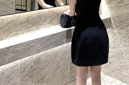 Plain Cutout Bow Mini Dress Neck Round A-Line Sleeveless Rhinestone