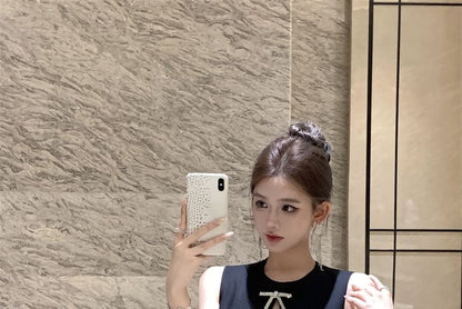 Plain Cutout Bow Mini Dress Neck Round A-Line Sleeveless Rhinestone