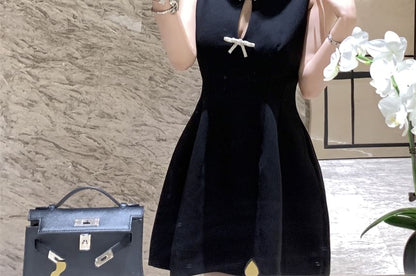 Plain Cutout Bow Mini Dress Neck Round A-Line Sleeveless Rhinestone