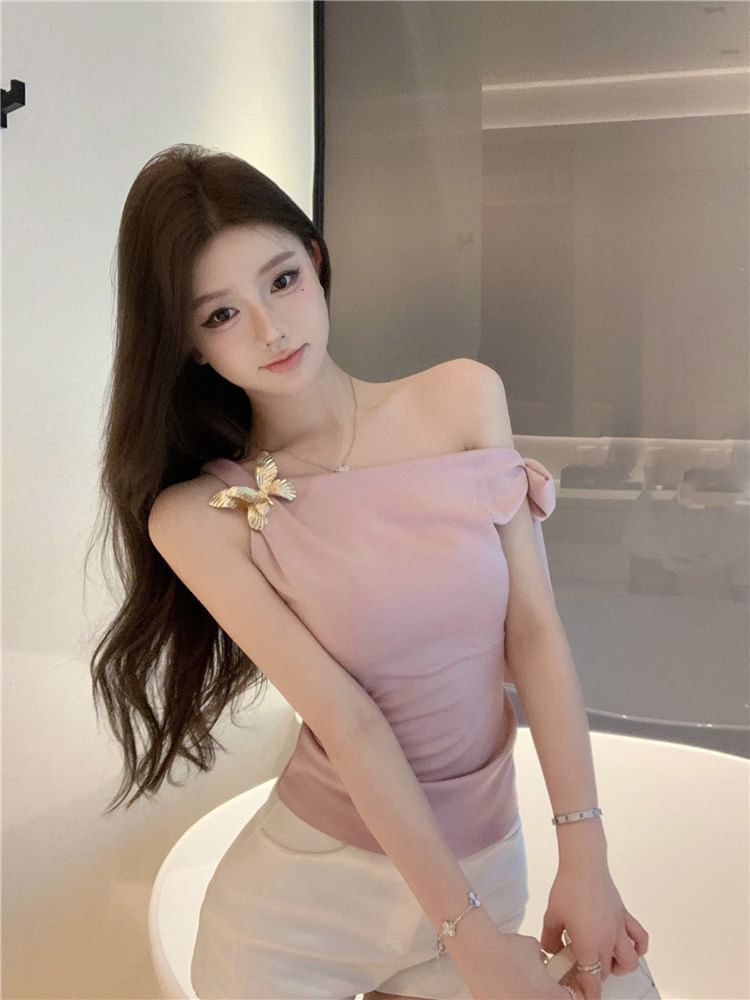 Plain Shoulder Sleeveless Tie-Up One Top