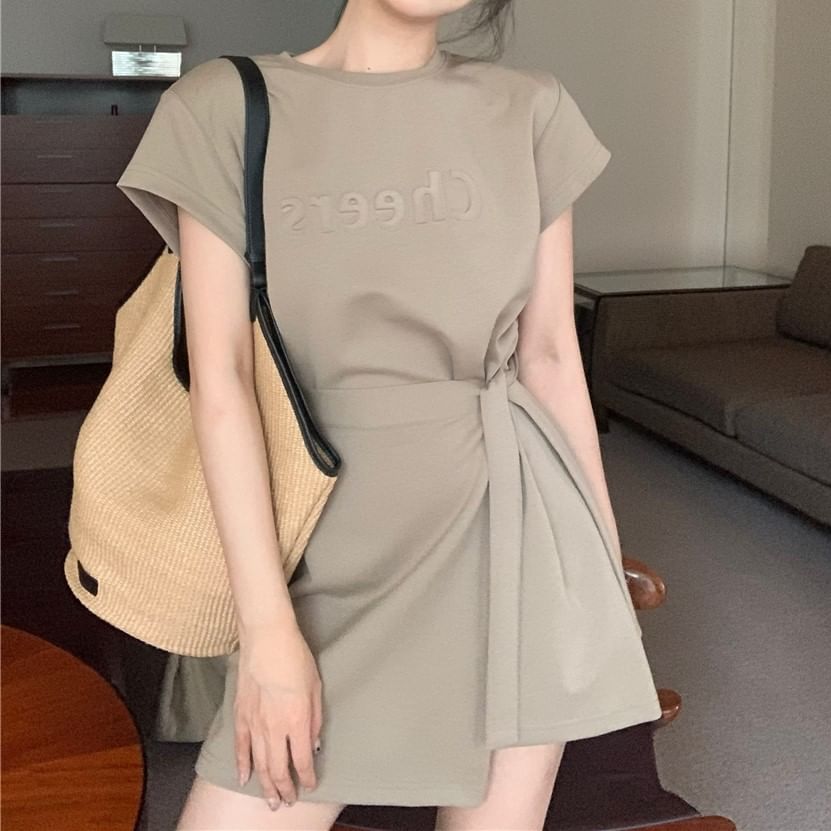 Two Lettering Neck Mini A-Line Crew Plain Short-Sleeve Dress Piece Mock Embossed