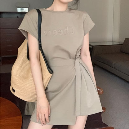 Two Lettering Neck Mini A-Line Crew Plain Short-Sleeve Dress Piece Mock Embossed