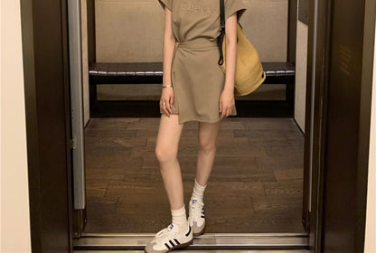 Two Lettering Neck Mini A-Line Crew Plain Short-Sleeve Dress Piece Mock Embossed