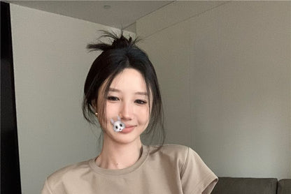 Two Lettering Neck Mini A-Line Crew Plain Short-Sleeve Dress Piece Mock Embossed