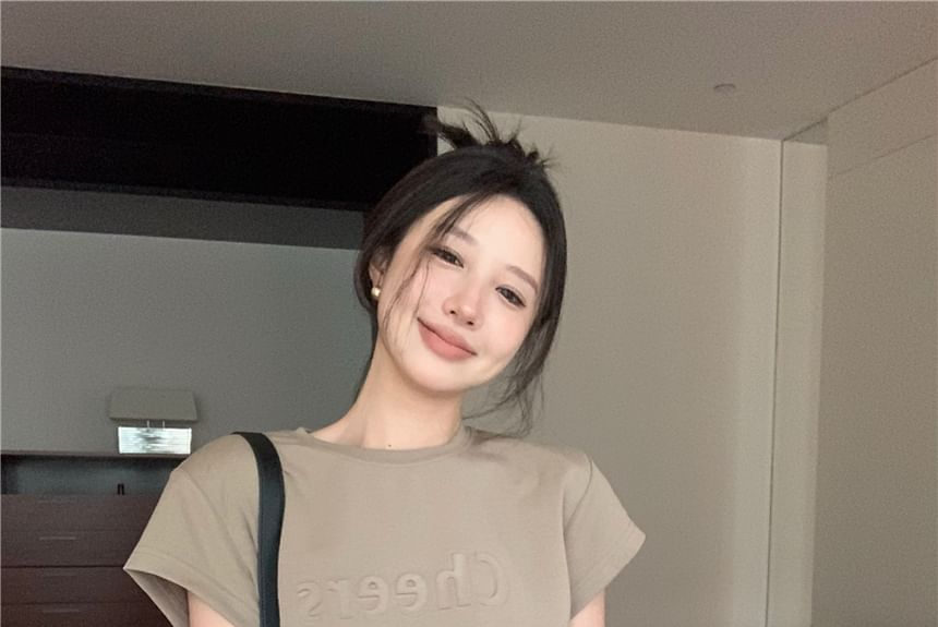 Two Lettering Neck Mini A-Line Crew Plain Short-Sleeve Dress Piece Mock Embossed