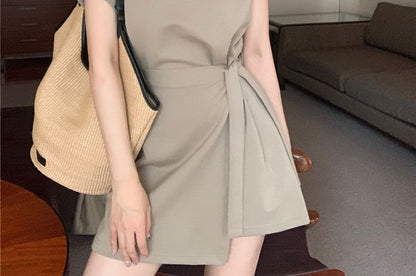 Two Lettering Neck Mini A-Line Crew Plain Short-Sleeve Dress Piece Mock Embossed