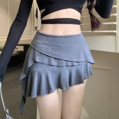 Asymmetrical Panel Mini Plain Ruffle Mid A-Line Skirt Rise