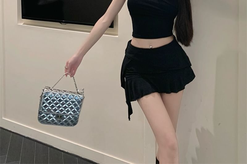 Asymmetrical Panel Mini Plain Ruffle Mid A-Line Skirt Rise