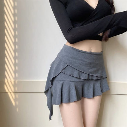 Asymmetrical Panel Mini Plain Ruffle Mid A-Line Skirt Rise