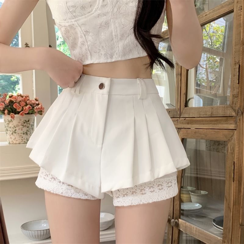Waist Shorts Lace Panel Pleated Plain High