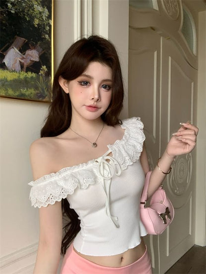 Short-Sleeve Shoulder Off Plain Tie-Up Top Ruffle