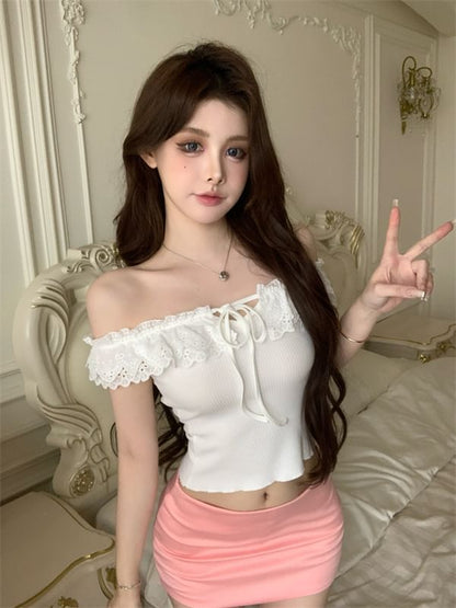 Short-Sleeve Shoulder Off Plain Tie-Up Top Ruffle