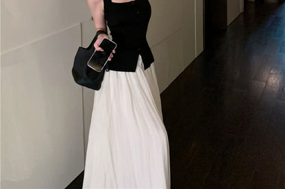 A-Line Plain Button / Skirt High Rise Neck Top Tank Maxi Square