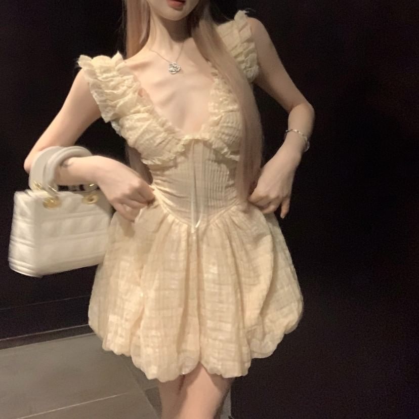 Sleeveless A-Line Mini Ruffle Dress Plain