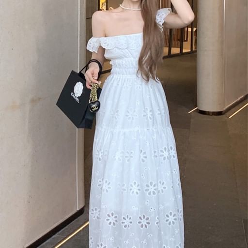 Dress Midi Ruffled A-Line Off-Shoulder Lace Eyelet