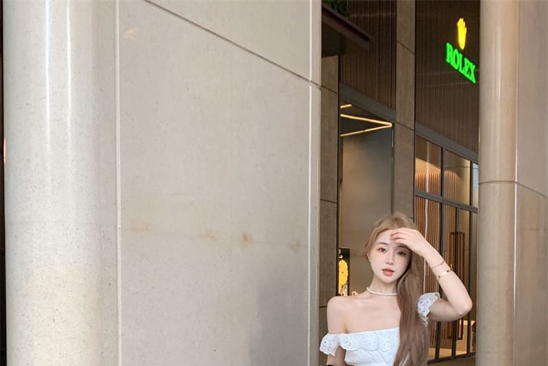 Dress Midi Ruffled A-Line Off-Shoulder Lace Eyelet