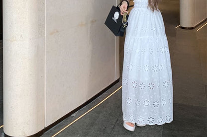 Dress Midi Ruffled A-Line Off-Shoulder Lace Eyelet