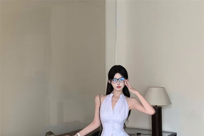 Sleeveless Striped V-Neck Skirt / Pencil Shirt High Rise Mini Button-Up