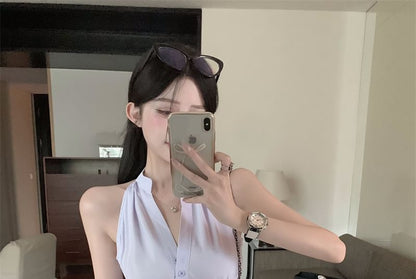 Sleeveless Striped V-Neck Skirt / Pencil Shirt High Rise Mini Button-Up