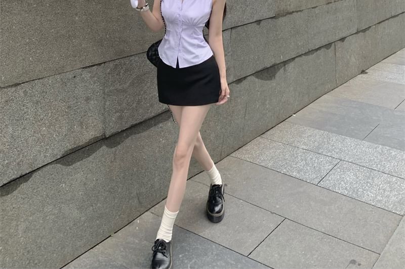 Sleeveless Striped V-Neck Skirt / Pencil Shirt High Rise Mini Button-Up