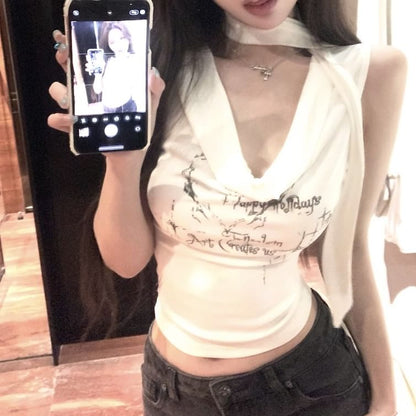 Choker-Neck Cowl Neck Tank Crop Lettering Top