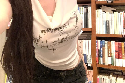 Choker-Neck Cowl Neck Tank Crop Lettering Top