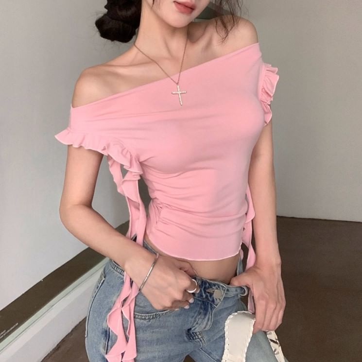 Plain Off-Shoulder Crop T-Shirt Ruffled