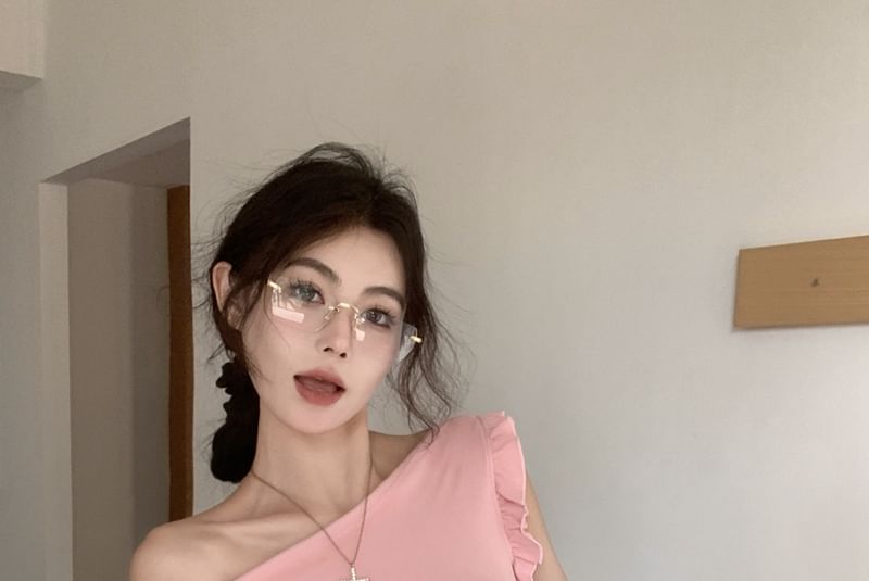 Plain Off-Shoulder Crop T-Shirt Ruffled