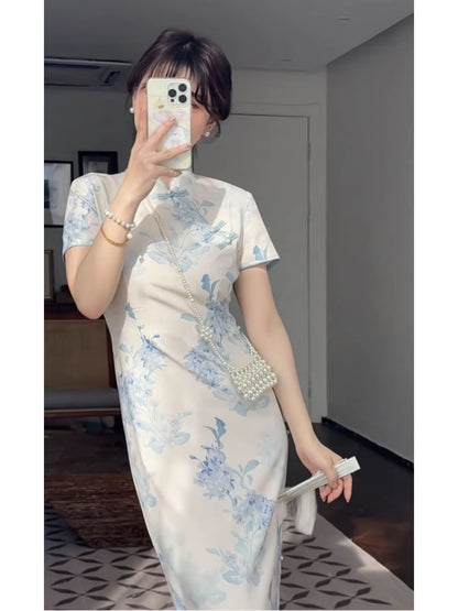 Short-Sleeve Stand Collar Floral Print Frog Buttoned Slit Midi Sheath Qipao