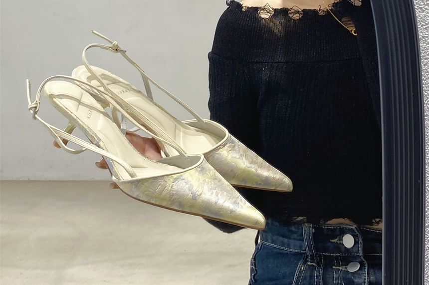 Slingback Heel Toe Pumps Kitten Jacquard Pointed