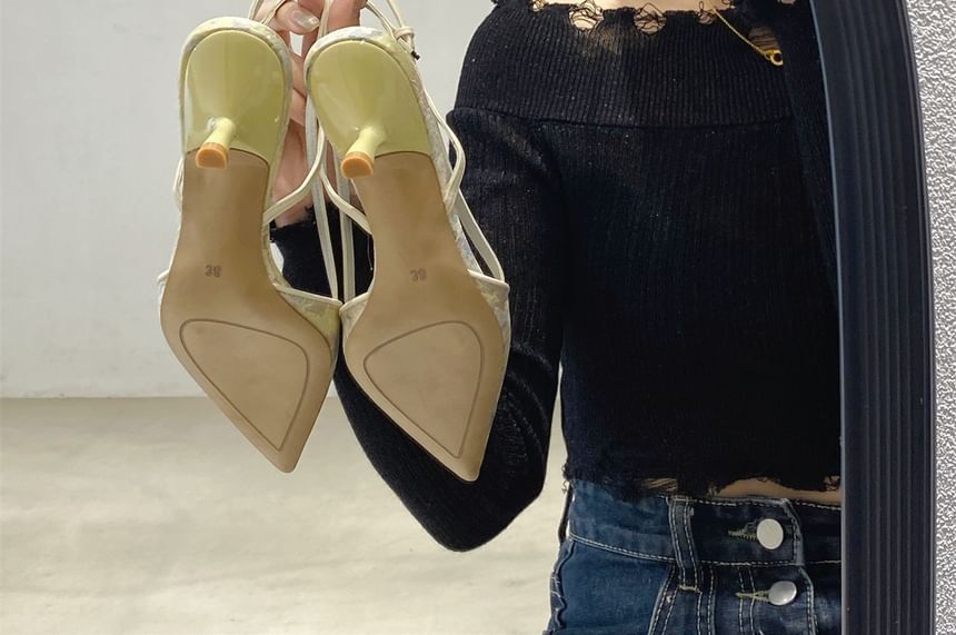 Slingback Heel Toe Pumps Kitten Jacquard Pointed