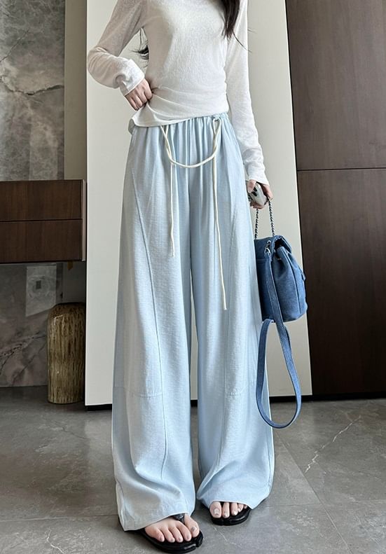 Contrast String High Rise Wide Leg Drape Pants