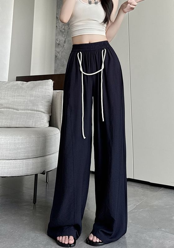 Contrast String High Rise Wide Leg Drape Pants