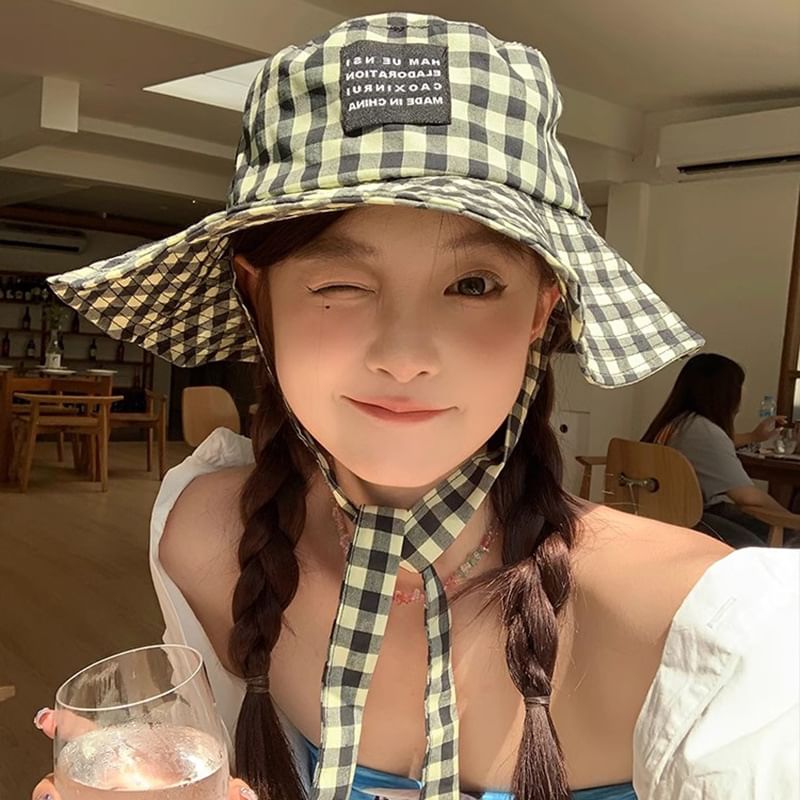Hat Checkered Bucket Cotton Chin With Strap
