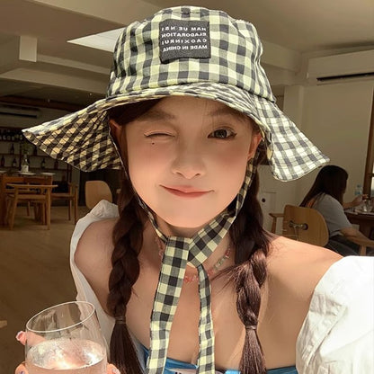Hat Checkered Bucket Cotton Chin With Strap