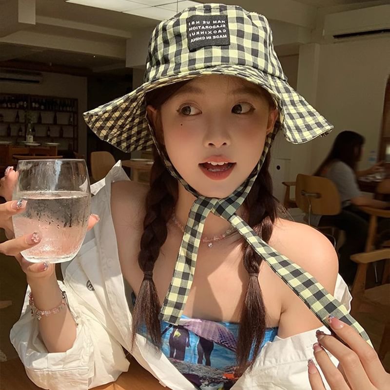 Hat Checkered Bucket Cotton Chin With Strap