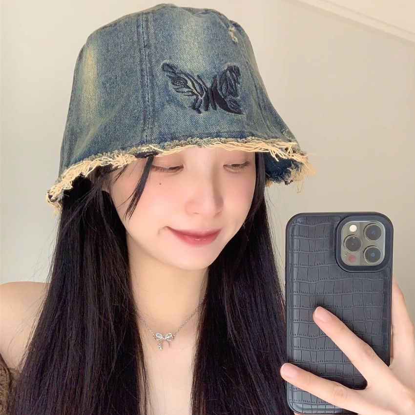 Embroidery Brim Hat Butterfly With Distressed Bucket