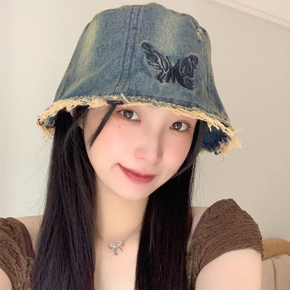 Embroidery Brim Hat Butterfly With Distressed Bucket