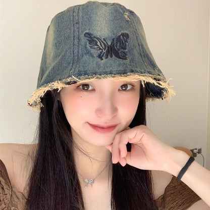 Embroidery Brim Hat Butterfly With Distressed Bucket