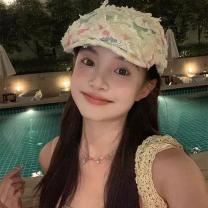 Cabbie Newsboy Hat Distressed Patchwork