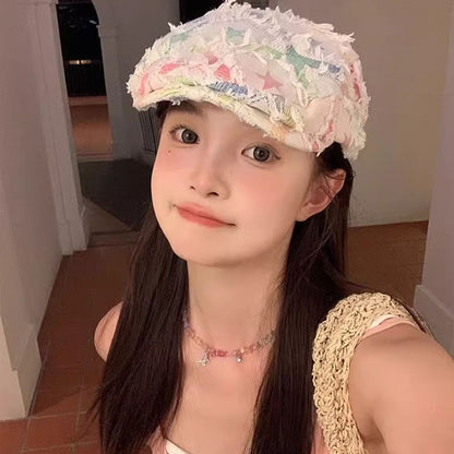 Cabbie Newsboy Hat Distressed Patchwork