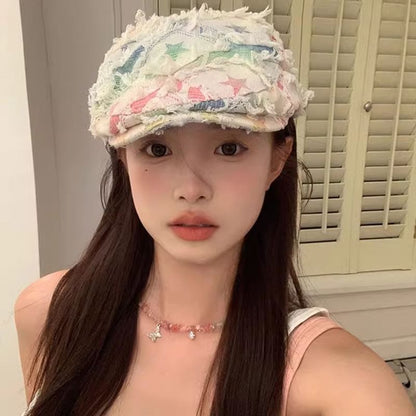 Cabbie Newsboy Hat Distressed Patchwork