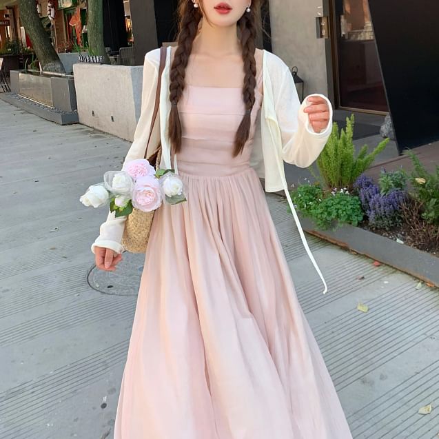 Square Spaghetti Dress Maxi Neck Strap Plain A-Line