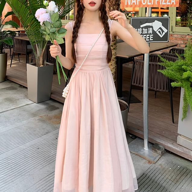 Square Spaghetti Dress Maxi Neck Strap Plain A-Line