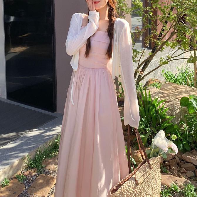 Square Spaghetti Dress Maxi Neck Strap Plain A-Line